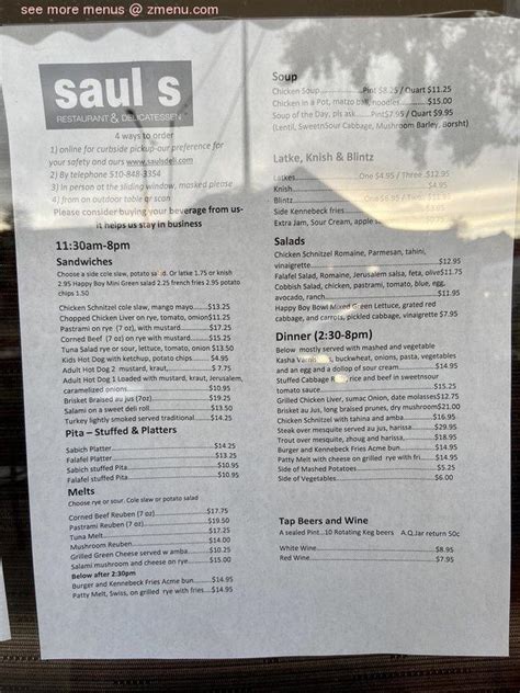 Saul's delicatessen - Quart. $10.25. Latkes at Saul's Restaurant & Delicatessen "Typically I just go to Sauls to get bagels and they have the best bagels around in Berkeley. I decided to go with my family and try the restaurant. I heard there were new owners, and my girlfriend…. 